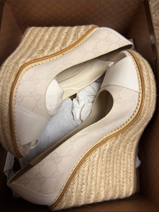 Gucci Shoes - Gucci Beige Canvas Monogram Wedge Espadrilles